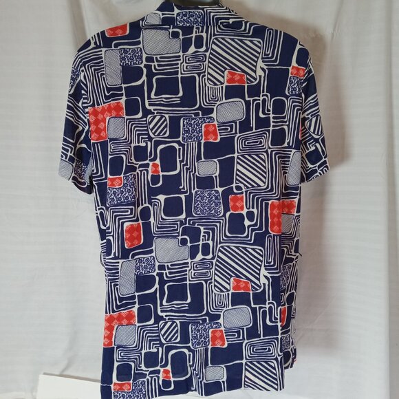 Vintage Blouse Button Down Shirt Women's Sz XL Blue Red White Geometric Retro - Picture 10 of 14